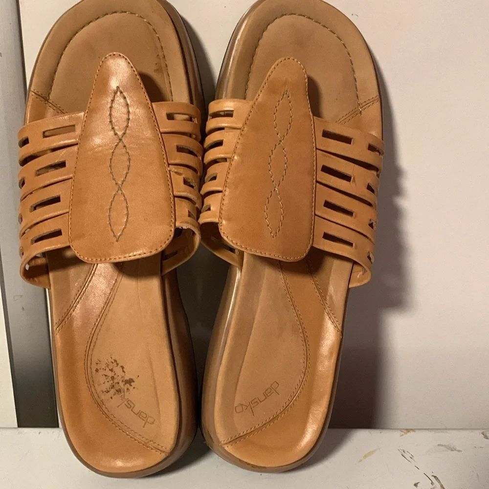 Dansko tan leather wedge slide sandal